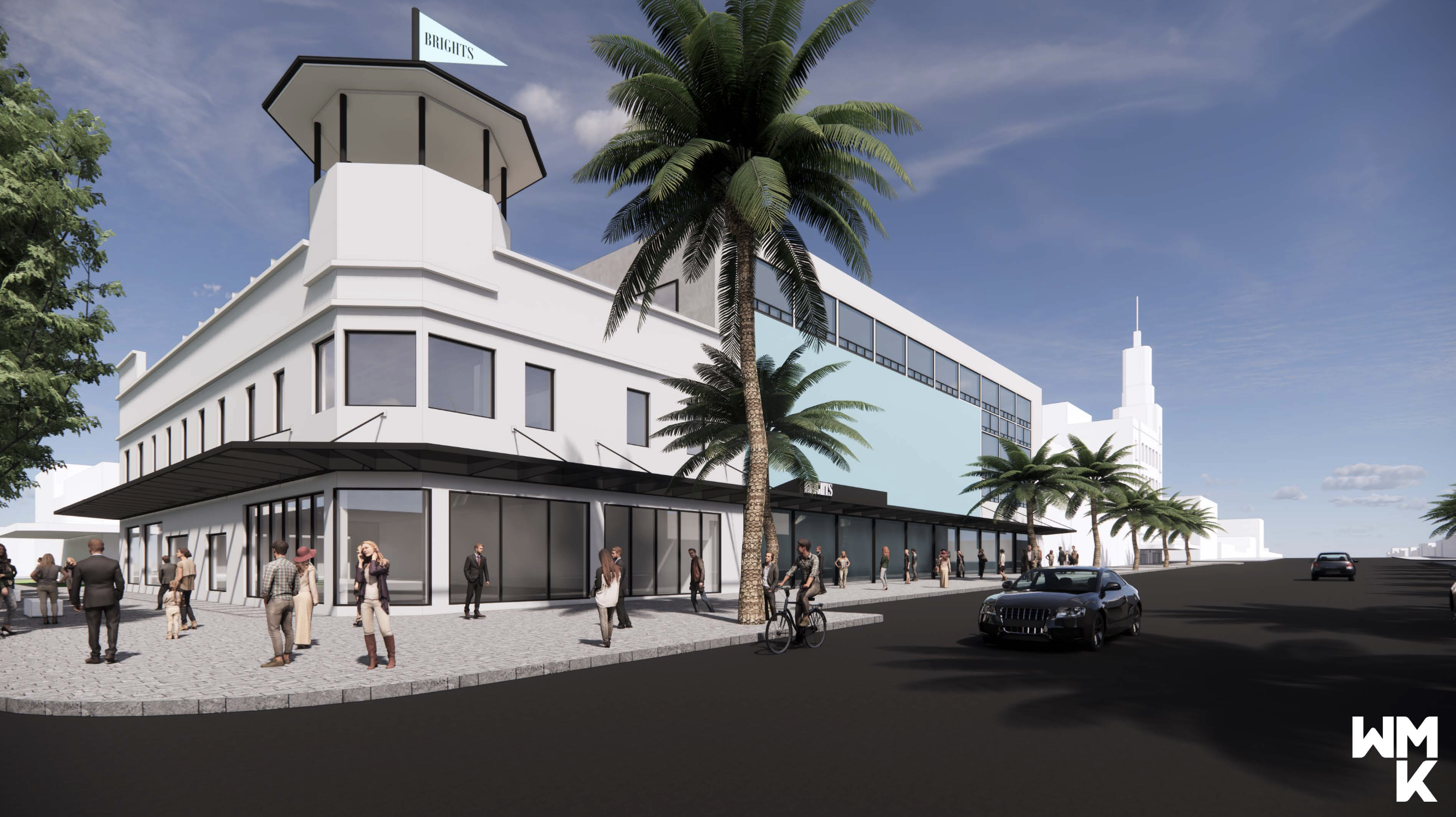 Large white and blue corner building, long glass windows at street level with an awning over-head, street running in front of the building has a man on a bike and a black car driving past, a palm tree stands tall in front of the Bright & Hitchcocks building Hamilton Property Group